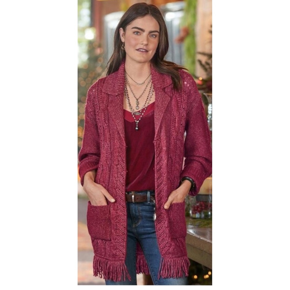 Sundance Womens Medium Wine Red Cable‎ Knit Fringe Belted Cardigan Sweater Wrap